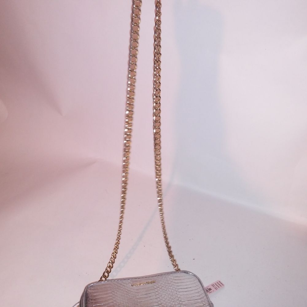 Victoria Secret Purse Shoulder Bag Silver Snakeskin Print Gold Chain Metallic - Picture 6 of 11